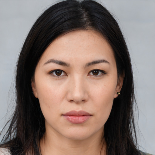 Neutral asian young-adult female with long  brown hair and brown eyes