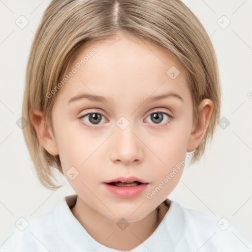 Neutral white child female with medium  brown hair and grey eyes