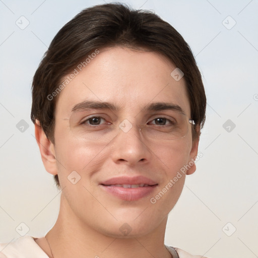 Joyful white young-adult female with short  brown hair and grey eyes