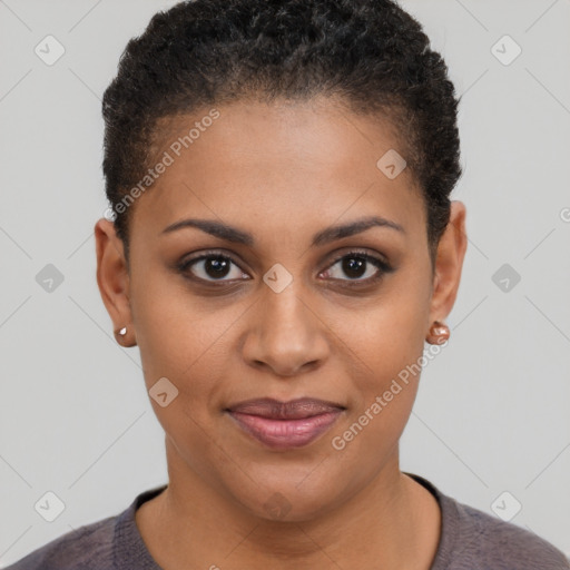 Joyful black young-adult female with short  brown hair and brown eyes