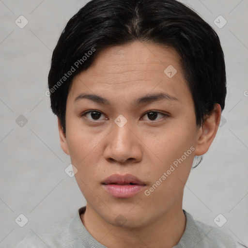 Neutral asian young-adult female with short  black hair and brown eyes