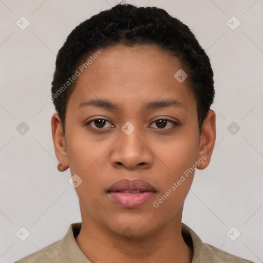 Neutral latino young-adult female with short  black hair and brown eyes