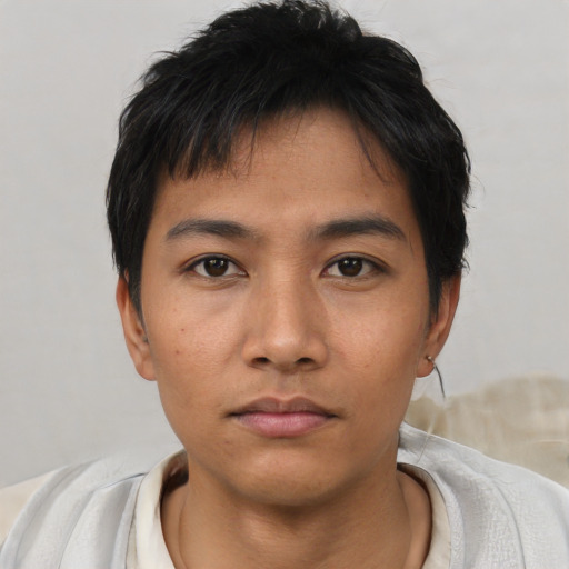 Neutral asian young-adult male with short  black hair and brown eyes