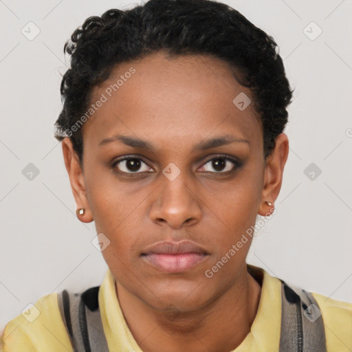 Neutral black young-adult female with short  brown hair and brown eyes