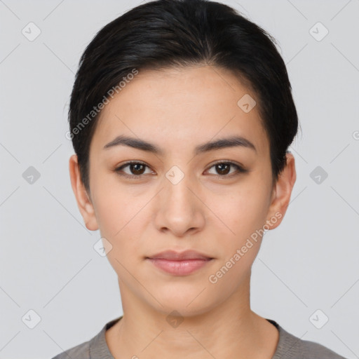 Neutral asian young-adult female with short  black hair and brown eyes