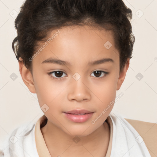 Joyful white child female with short  brown hair and brown eyes