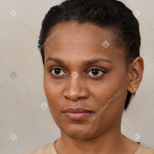 Joyful black young-adult female with short  brown hair and brown eyes