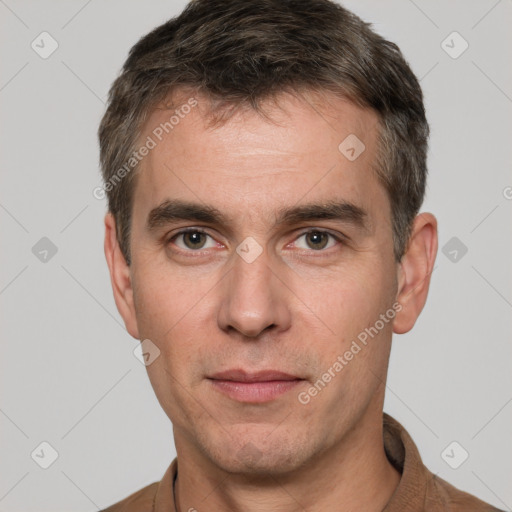 Neutral white adult male with short  brown hair and brown eyes