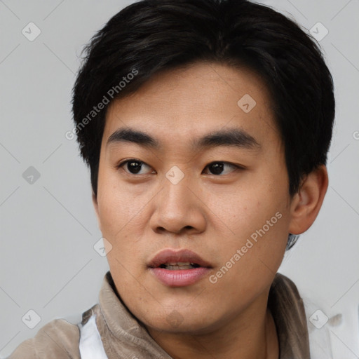 Neutral asian young-adult male with short  black hair and brown eyes