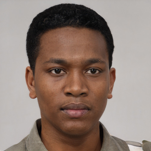 Neutral black young-adult male with short  black hair and brown eyes