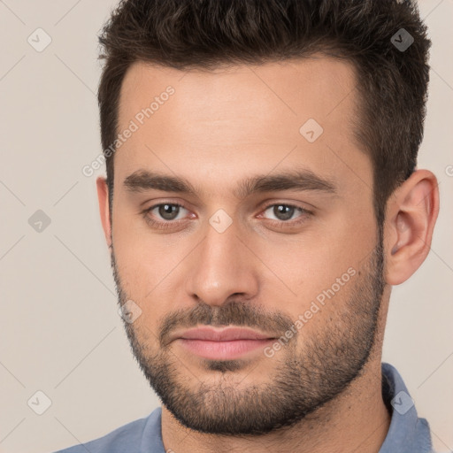 Neutral white young-adult male with short  brown hair and brown eyes