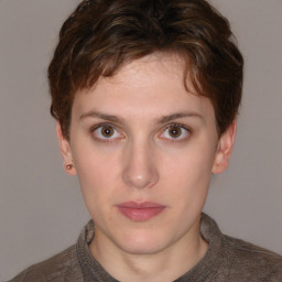 Neutral white young-adult female with short  brown hair and brown eyes