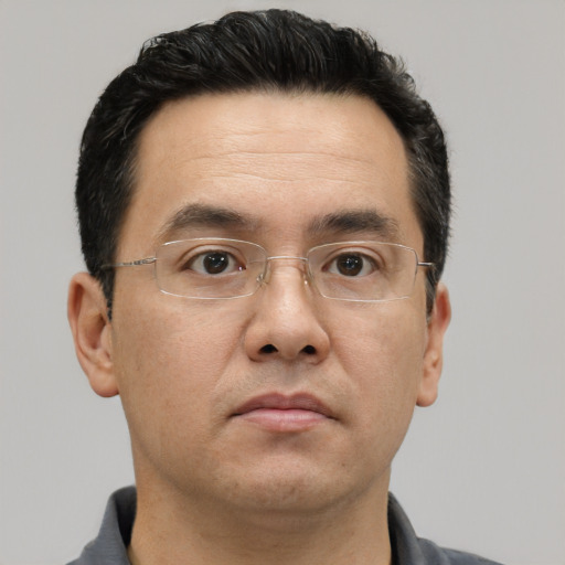 Neutral asian adult male with short  brown hair and brown eyes
