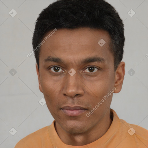 Neutral latino young-adult male with short  black hair and brown eyes
