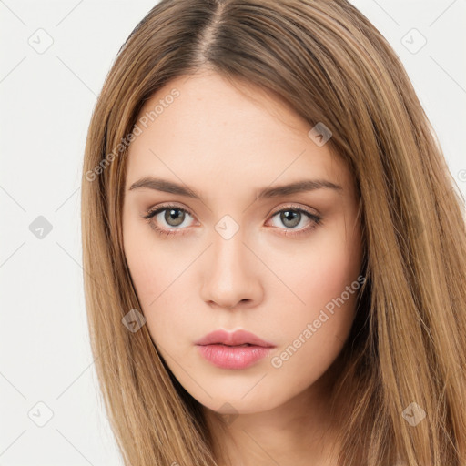 Neutral white young-adult female with long  brown hair and brown eyes