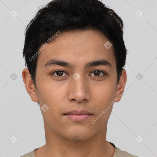 Neutral latino young-adult male with short  black hair and brown eyes