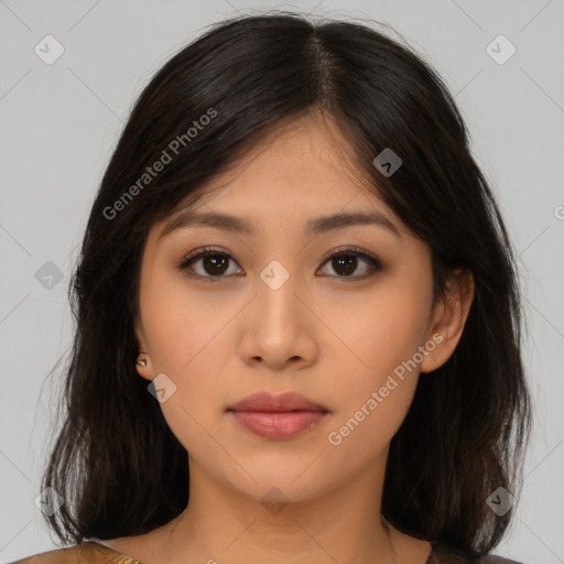 Neutral asian young-adult female with medium  brown hair and brown eyes