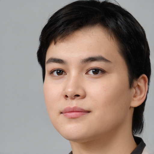 Neutral white young-adult male with short  black hair and brown eyes