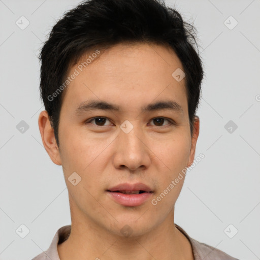 Neutral asian young-adult male with short  brown hair and brown eyes