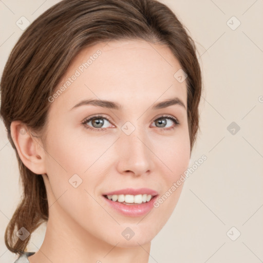 Joyful white young-adult female with medium  brown hair and green eyes