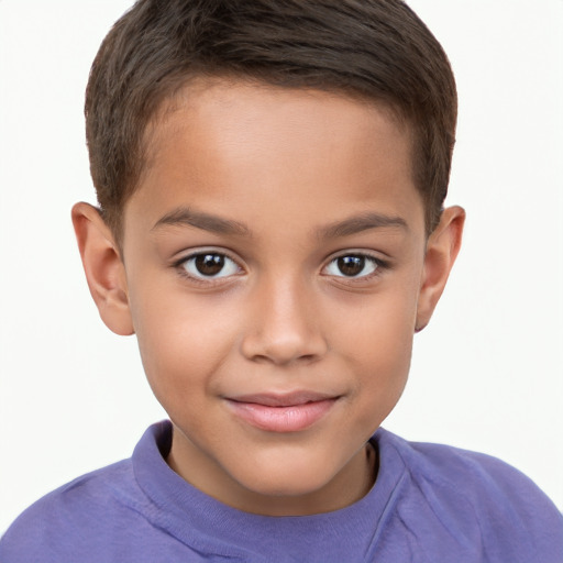 Joyful white child female with short  brown hair and brown eyes