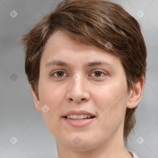 Joyful white young-adult female with medium  brown hair and brown eyes