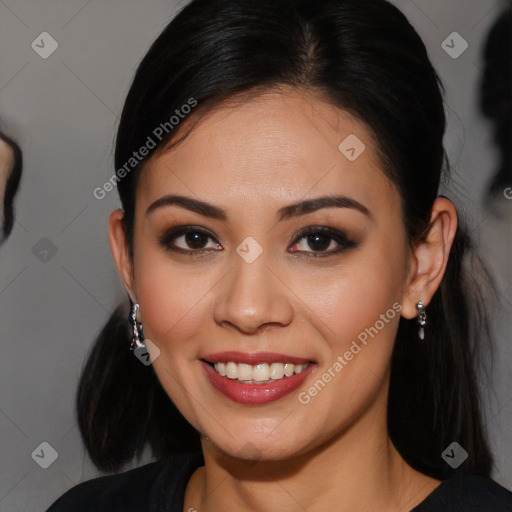 Joyful white young-adult female with long  brown hair and brown eyes