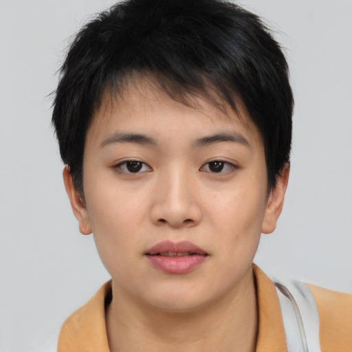 Neutral asian young-adult female with short  brown hair and brown eyes