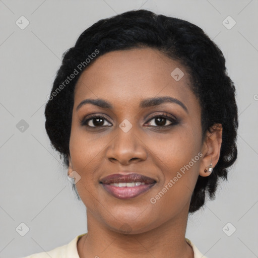 Joyful latino young-adult female with short  black hair and brown eyes