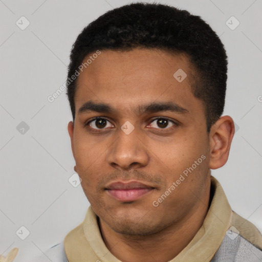 Neutral latino young-adult male with short  black hair and brown eyes