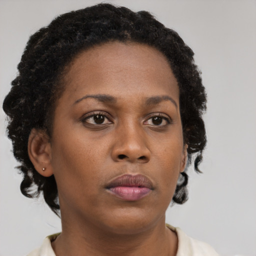 Neutral black adult female with short  brown hair and brown eyes