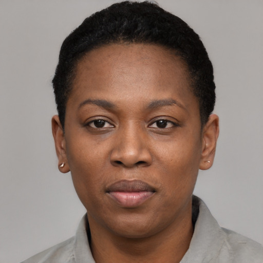 Neutral black young-adult female with short  black hair and brown eyes