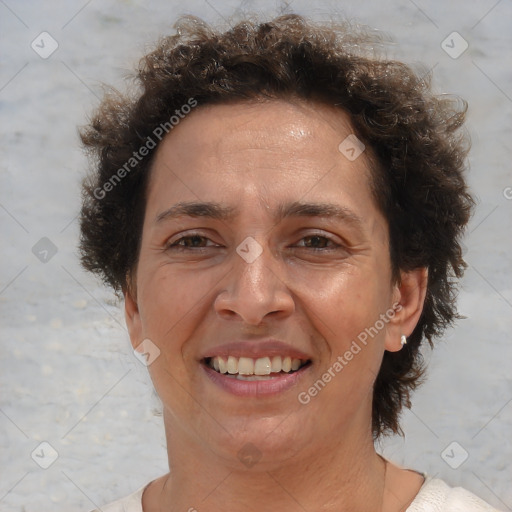 Joyful white adult female with short  brown hair and brown eyes