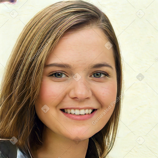 Joyful white young-adult female with long  brown hair and blue eyes