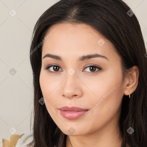 Neutral asian young-adult female with long  brown hair and brown eyes