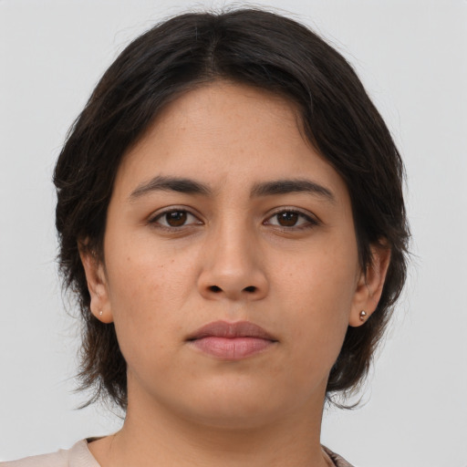 Neutral asian young-adult female with medium  brown hair and brown eyes