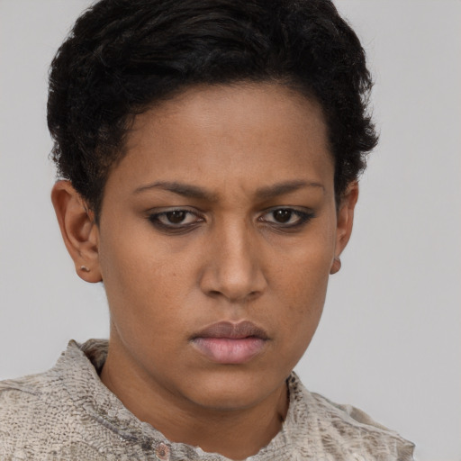 Neutral black young-adult female with short  brown hair and brown eyes