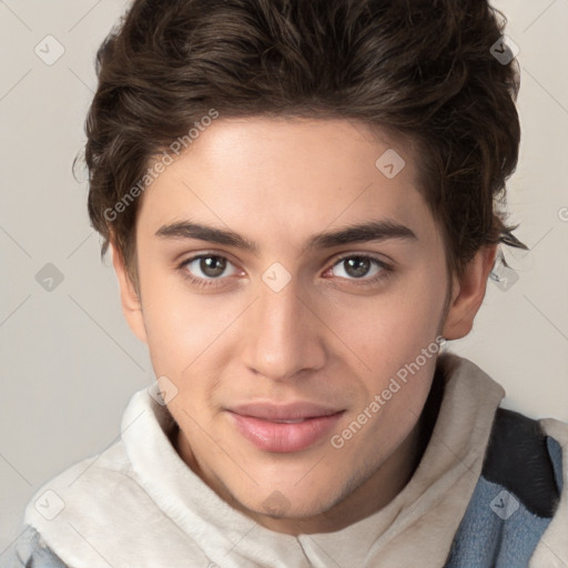 Joyful white young-adult male with medium  brown hair and brown eyes