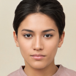 Neutral white young-adult female with short  brown hair and brown eyes