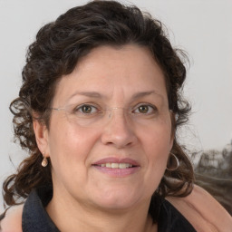 Joyful white adult female with medium  brown hair and blue eyes