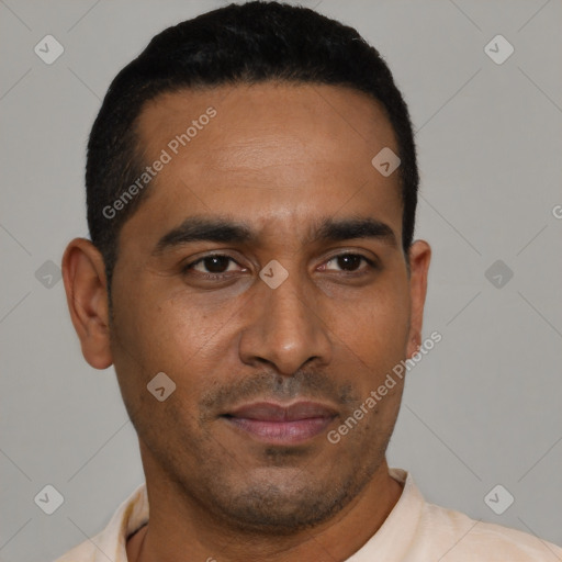 Neutral latino young-adult male with short  black hair and brown eyes