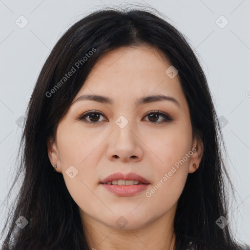 Joyful asian young-adult female with long  brown hair and brown eyes