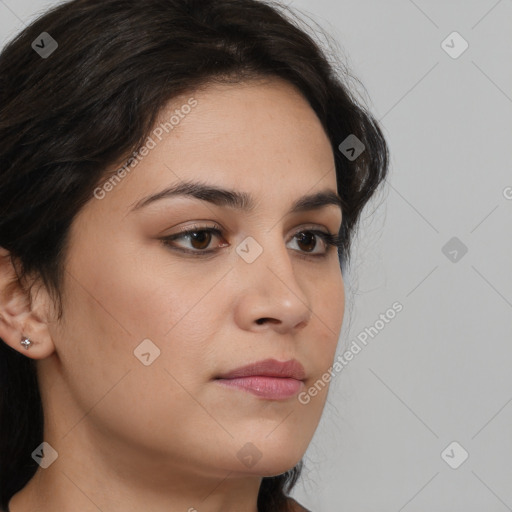 Neutral white young-adult female with medium  brown hair and brown eyes