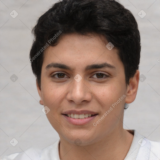 Joyful white young-adult female with short  brown hair and brown eyes