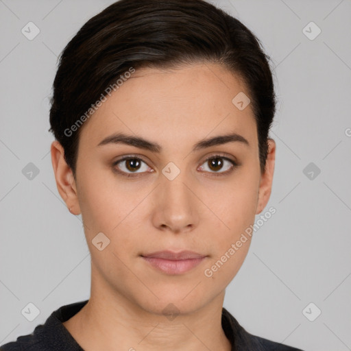 Neutral white young-adult female with short  brown hair and brown eyes