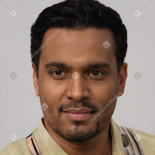 Neutral black young-adult male with short  black hair and brown eyes