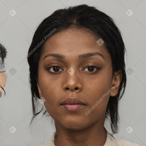 Neutral asian young-adult female with medium  black hair and brown eyes