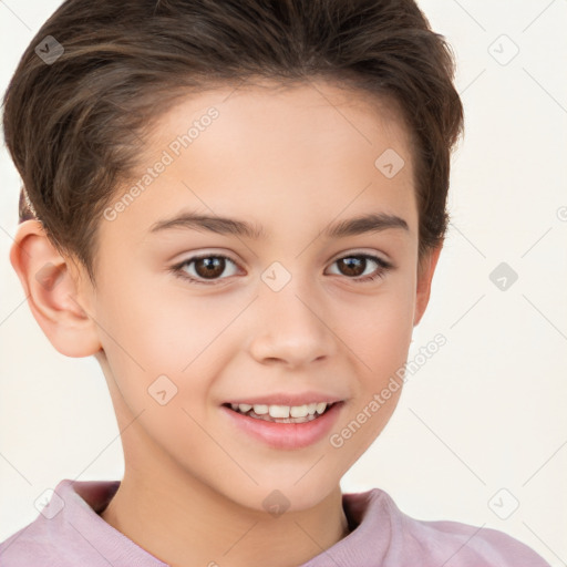 Joyful white child female with short  brown hair and brown eyes