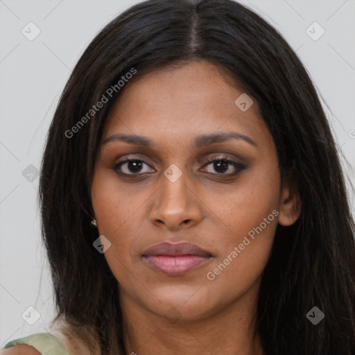 Joyful asian young-adult female with long  brown hair and brown eyes