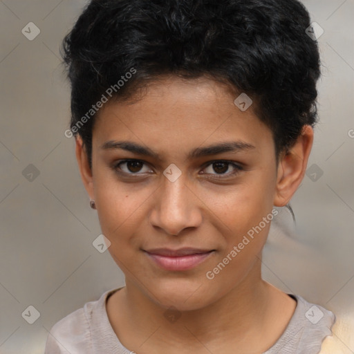 Joyful latino young-adult female with short  brown hair and brown eyes